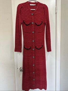 Self-Portrait Red Knit Long Sleeve Button-Front Dress